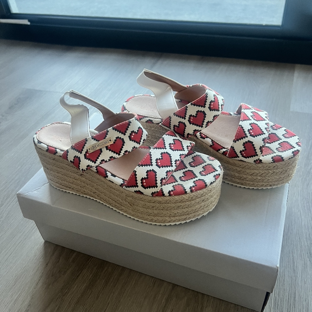 Moschino Red and White Espadrilles with Heart Pattern